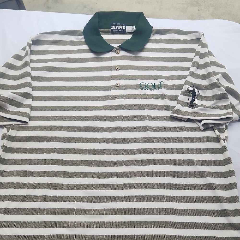 Divots Green and White Striped Polo Shirt with Embroidered Detail
